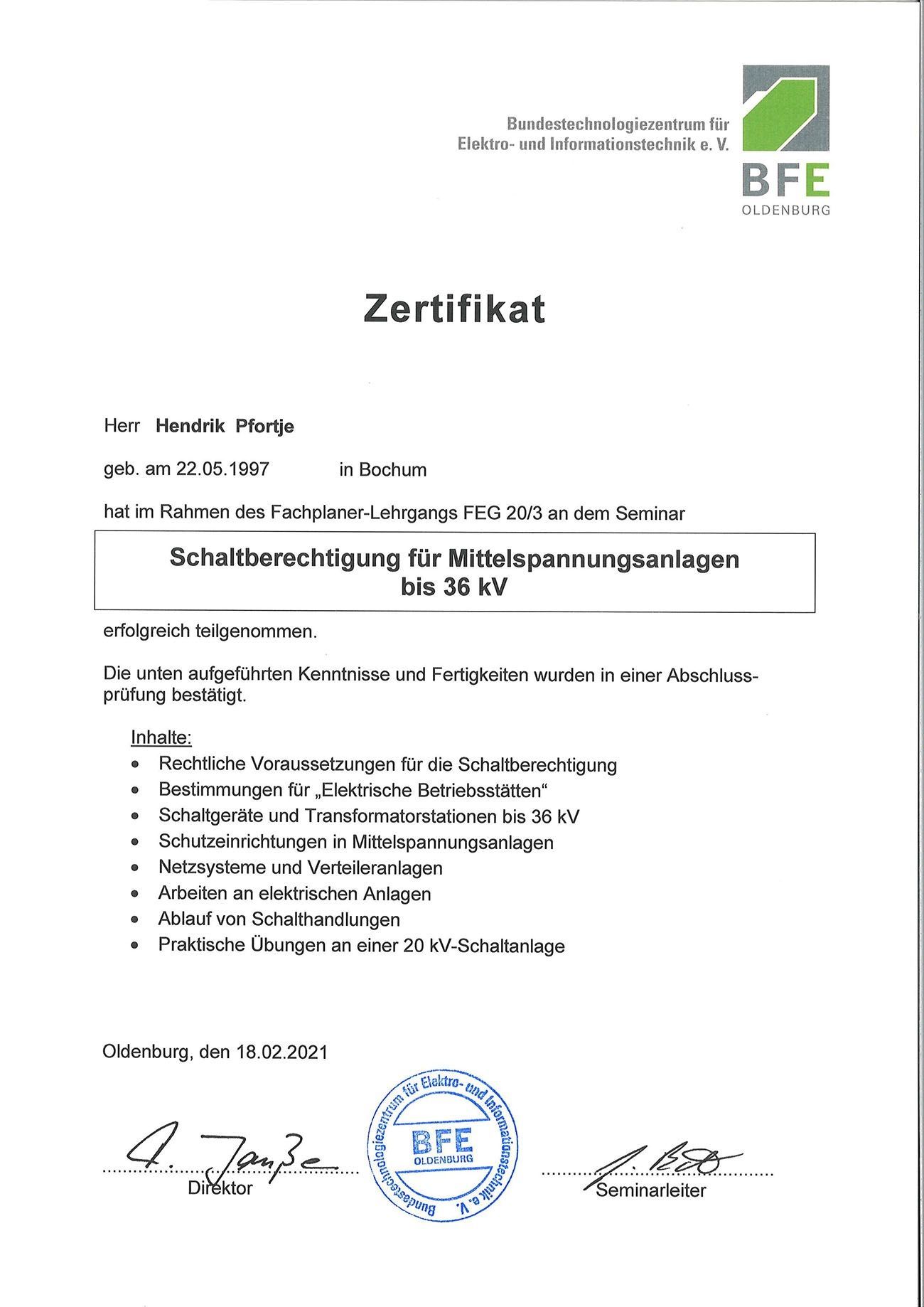 BFE | Zertifikat